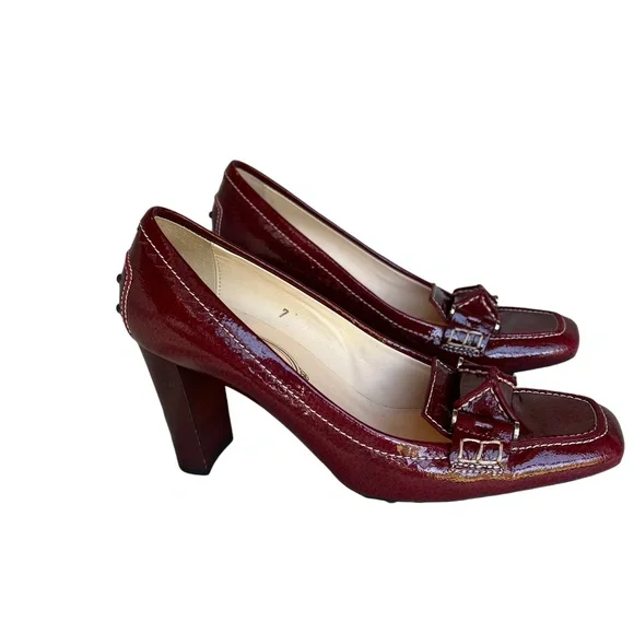 TOD'S Red Patent Leather Top-stitched Pumps Shoes Size 7 - Picture 1 of 7